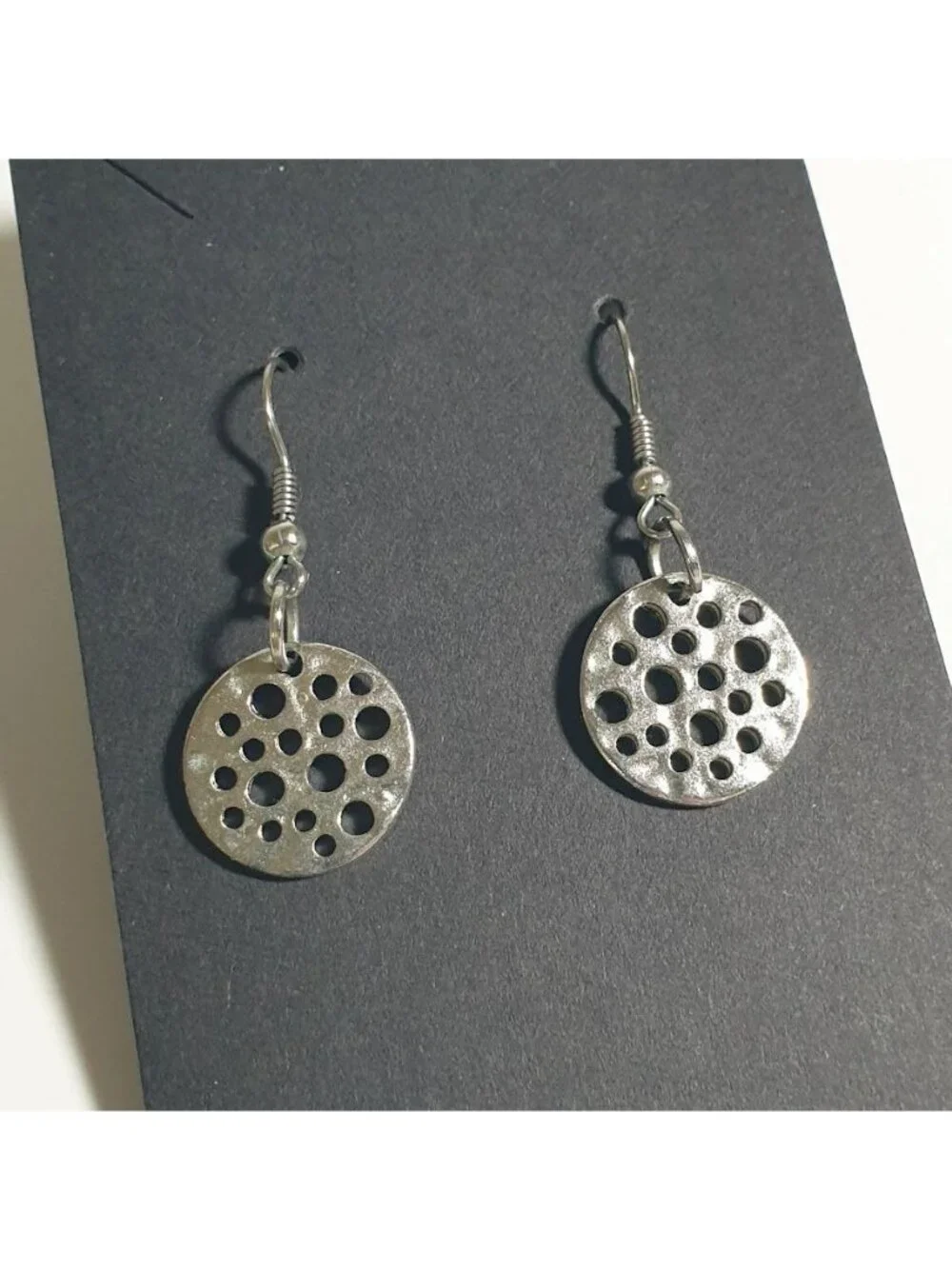 Silver Tone Round Dangle Earrings Circular Cutout Hook Back Modern Style Women